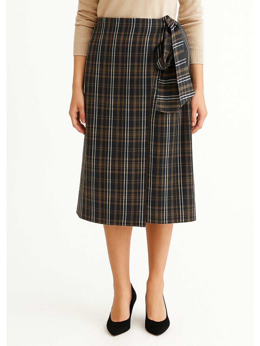 NWT ALYSI Creme Tartan Plaid Wrap Waist Skirt Size IT 42 US 4 Button Knee Length